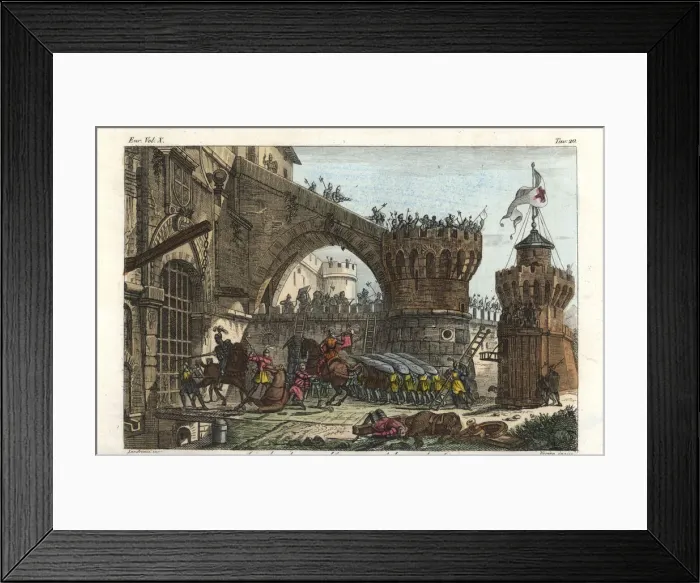 Framed Print : Assault with tower and testudo on a medieval Framed Print : Assault with tower and testudo on a medieval