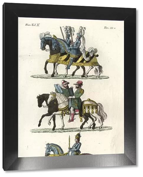 King and knights in armour on horseback at