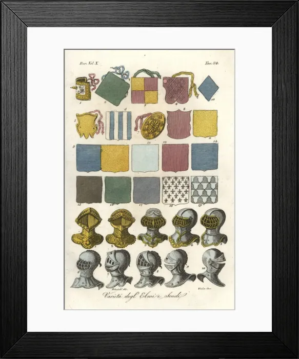 Framed Print : Variety of jousting shields and helmets Framed Print : Variety of jousting shields and helmets