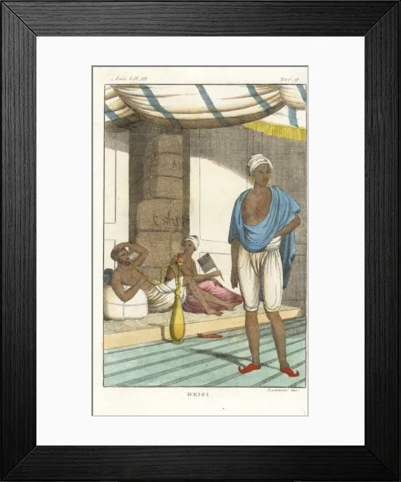 Framed Print : Indian men with hookah pipe and fan relaxing Framed Print : Indian men with hookah pipe and fan relaxing