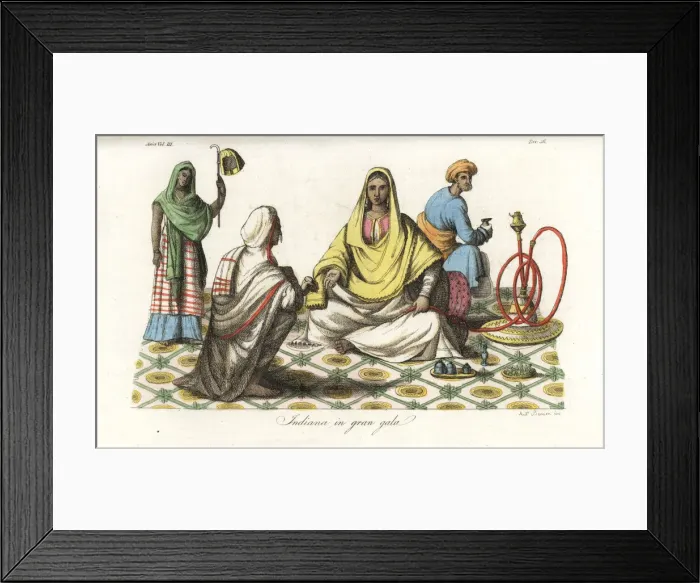Framed Print : An Indian woman seated on a rich carpet attended by servants Framed Print : An Indian woman seated on a rich carpet attended by servants