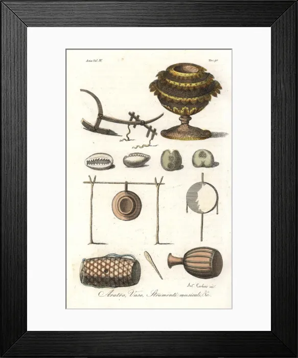 Framed Print : Plow, vase, money and musical instruments Framed Print : Plow, vase, money and musical instruments