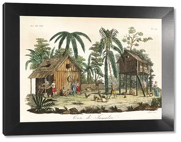 Traditional stilt houses in a village in Sumatra, circa 1800