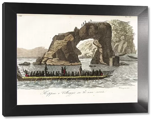 Maori war canoe in front of a pa on a rock