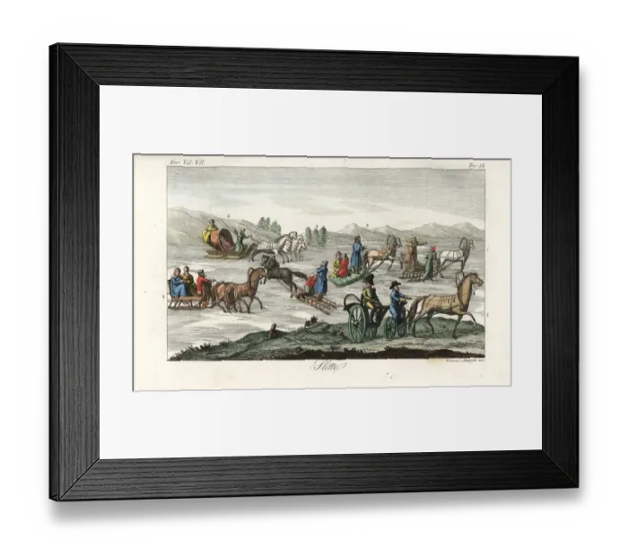 Framed Print : Russian people on horse-driven sleighs on a glacier Framed Print : Russian people on horse-driven sleighs on a glacier