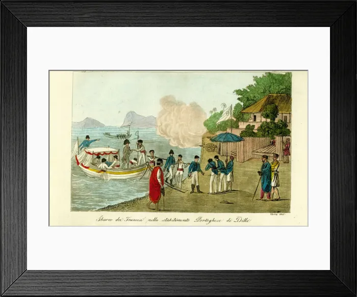 Framed Print : First arrival at the Portuguese settlement at Dille, Timor Framed Print : First arrival at the Portuguese settlement at Dille, Timor