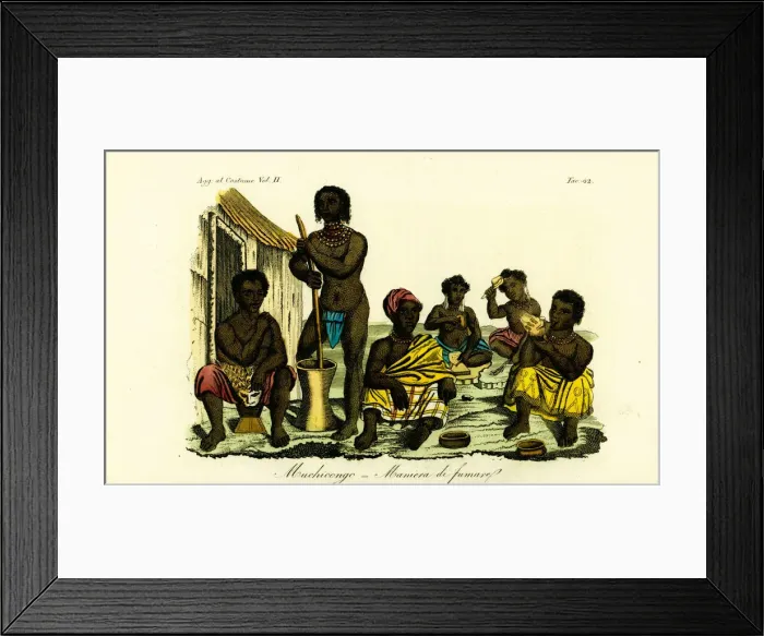 Framed Print : Muchicongo men and many wives outside a hut, Angola Framed Print : Muchicongo men and many wives outside a hut, Angola