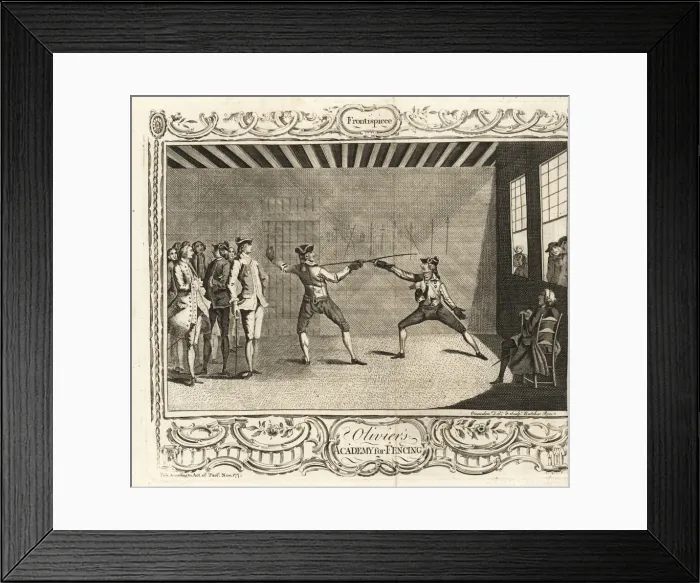 Framed Print : Fencers fighting a duel in a London fencing Framed Print : Fencers fighting a duel in a London fencing