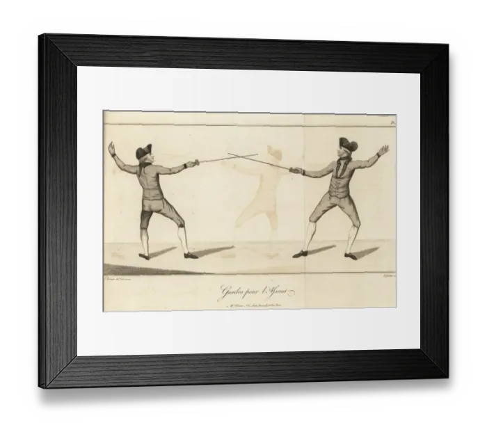 Framed Print : Gentlemen fencers en garde for an attack, 18th century Framed Print : Gentlemen fencers en garde for an attack, 18th century