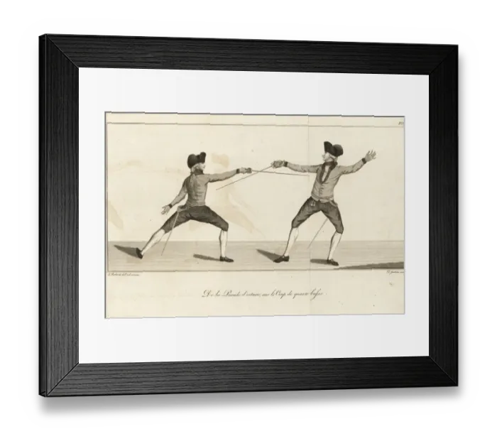 Framed Print : Gentlemen fencers lunging and parrying, 18th century Framed Print : Gentlemen fencers lunging and parrying, 18th century