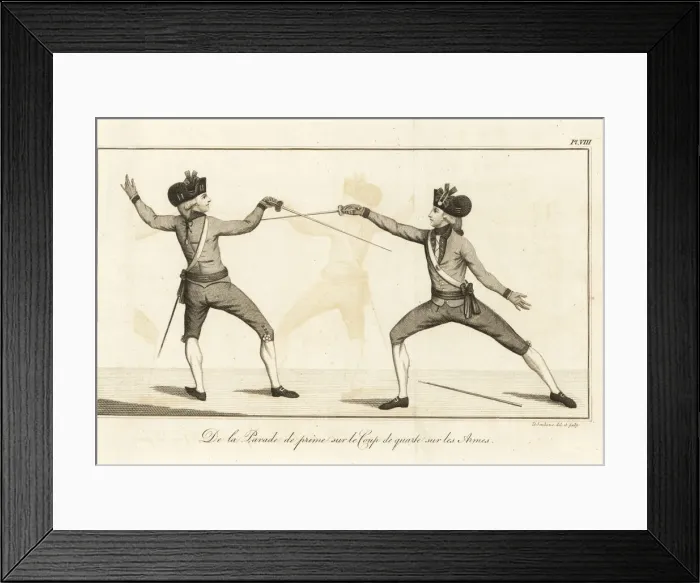 Framed Print : Gentlemen fencers lunging and parrying, 18th century Framed Print : Gentlemen fencers lunging and parrying, 18th century
