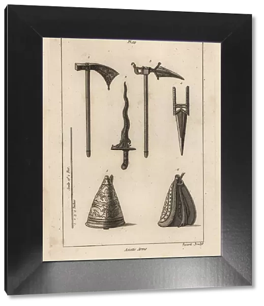 Asian battle axe, dagger, cresse and powder flask