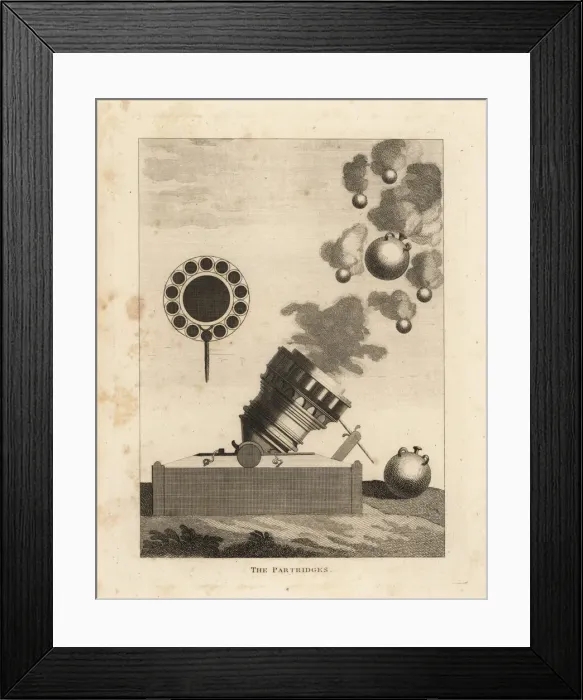 Framed Print : The partridges mortar with bomb and grenadoes