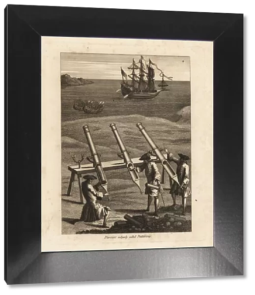 Pierriers firing stones at a ship in a bay