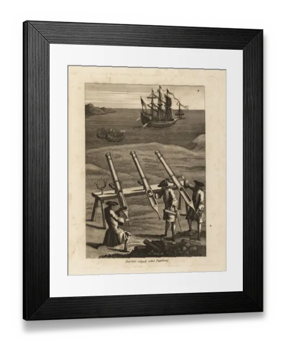 Framed Print : Pierriers firing stones at a ship in a bay Framed Print : Pierriers firing stones at a ship in a bay