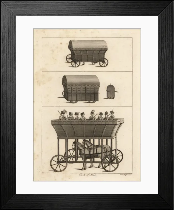 Framed Print : Covered carts of war with musketeers inside Framed Print : Covered carts of war with musketeers inside