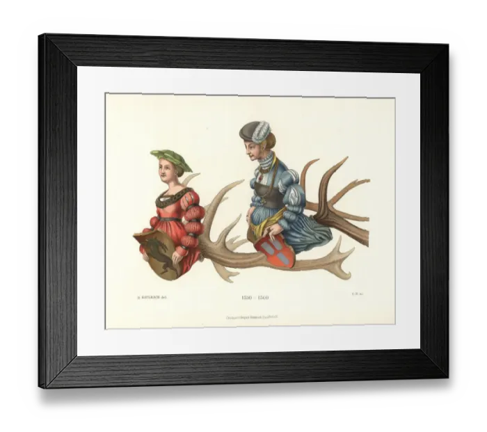 Framed Print : Chandelier made of deer antlers with heraldic female figures Framed Print : Chandelier made of deer antlers with heraldic female figures