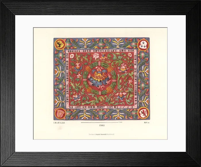 Framed Print : Embroidered tablecloth with flowers and coats of arms, 1562 Framed Print : Embroidered tablecloth with flowers and coats of arms, 1562
