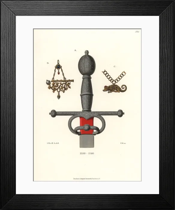Framed Print : Sword hilt and gilt hunting pipes, Germany, 16th century Framed Print : Sword hilt and gilt hunting pipes, Germany, 16th century