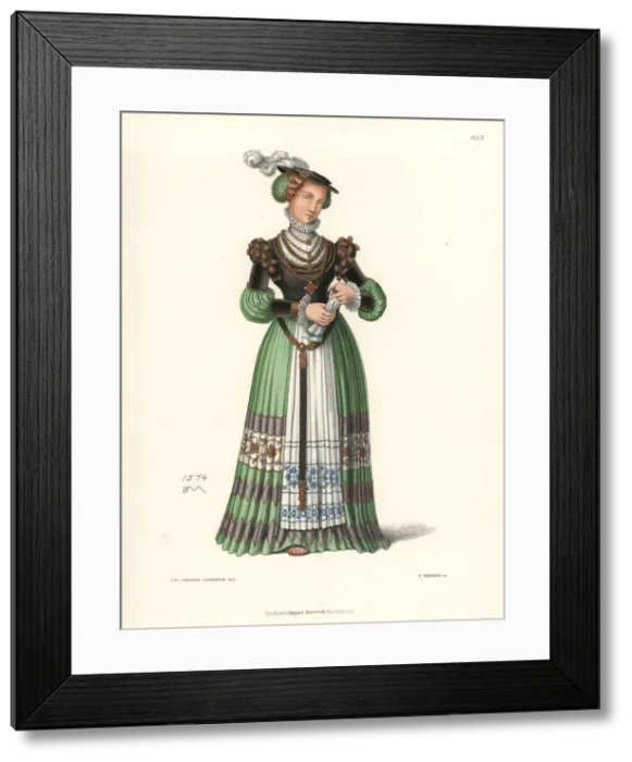 Framed Print : Costume of a noble woman from a colour pen drawing, 1574 Framed Print : Costume of a noble woman from a colour pen drawing, 1574