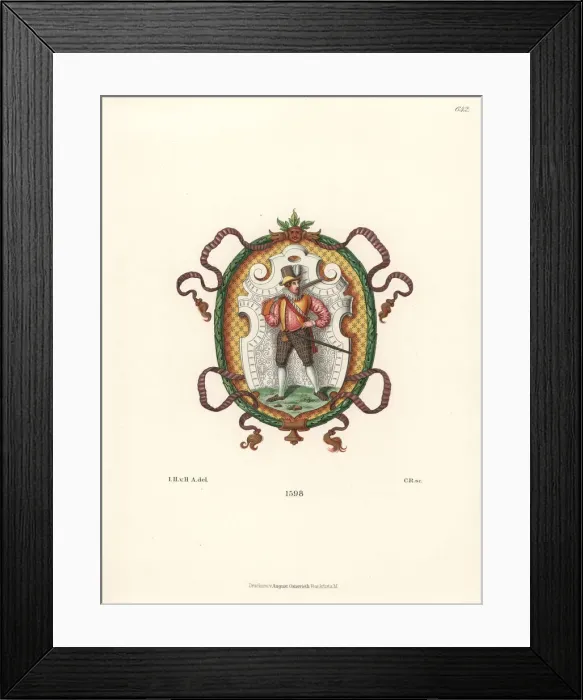 Framed Print : Heraldic shield of a gunmaster from an art Framed Print : Heraldic shield of a gunmaster from an art