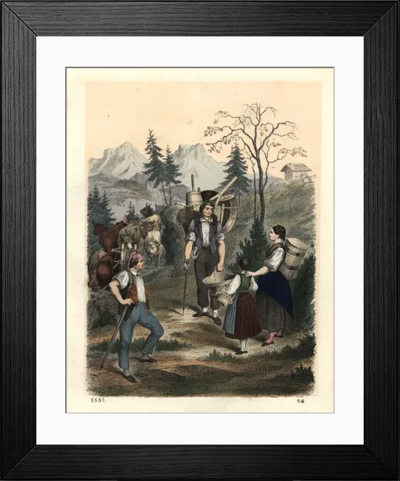 Framed Print : Alpine scene with itinerant barrel seller Framed Print : Alpine scene with itinerant barrel seller