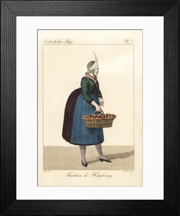 Framed Print : Fruit seller of Hamburg, Germany, with basket Framed Print : Fruit seller of Hamburg, Germany, with basket