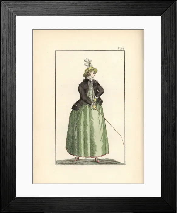 Framed Print : Woman in traveling clothes for riding a cabriolet, 1787 Framed Print : Woman in traveling clothes for riding a cabriolet, 1787