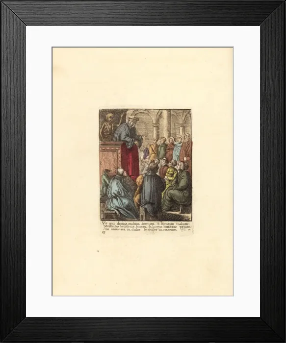 Framed Print : Skeleton of Death holding a bone above a Preacher Framed Print : Skeleton of Death holding a bone above a Preacher