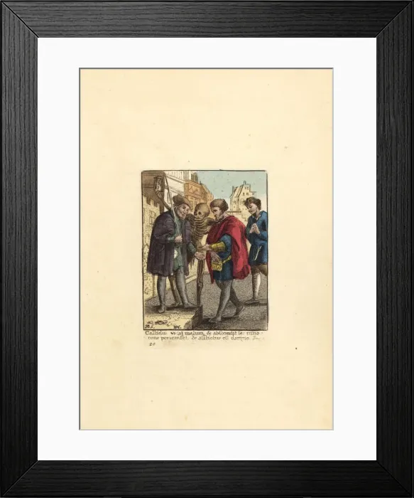 Framed Print : Skeleton of Death showing the hourglass to an Advocate