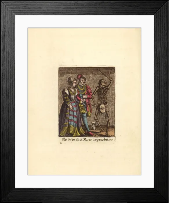 Framed Print : Skeleton of Death beating a drum for a newly married couple Framed Print : Skeleton of Death beating a drum for a newly married couple