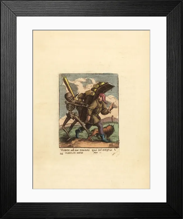 Framed Print : Two skeletons of Death interrupt an itinerant Hawker Framed Print : Two skeletons of Death interrupt an itinerant Hawker