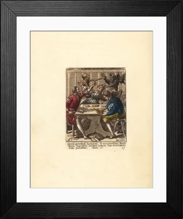 Framed Print : The Skeleton of Death and the Devil fight over a Gambler Framed Print : The Skeleton of Death and the Devil fight over a Gambler