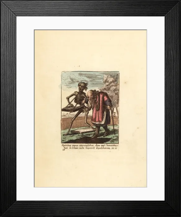 Framed Print : Skeleton of Death leading an Old Man to his grave Framed Print : Skeleton of Death leading an Old Man to his grave
