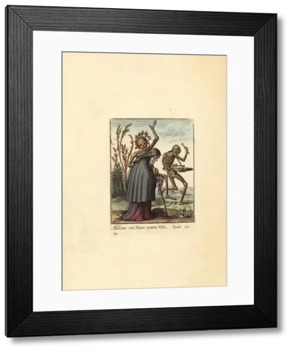 Framed Print : Two Skeletons of Death lead an Old Woman to her fate Framed Print : Two Skeletons of Death lead an Old Woman to her fate