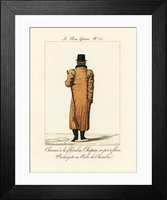 Framed Print : Man in flowerpot hat, cherub hairstle and long ridingcoat Framed Print : Man in flowerpot hat, cherub hairstle and long ridingcoat