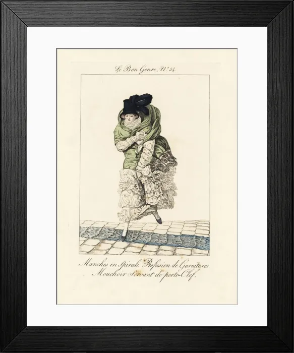 Framed Print : Woman in dress with spiral sleeves, ruffs and flounces Framed Print : Woman in dress with spiral sleeves, ruffs and flounces