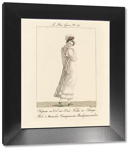 Woman in vol-au-vent bonnet and dress with