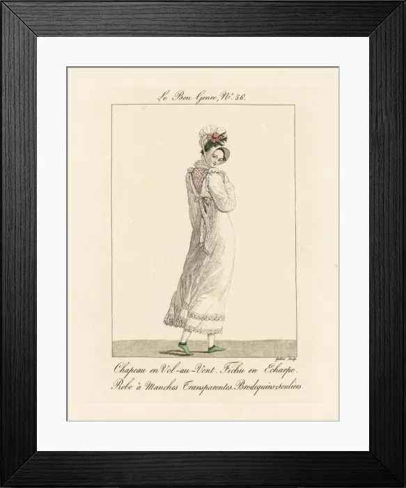 Framed Print : Woman in vol-au-vent bonnet and dress with Framed Print : Woman in vol-au-vent bonnet and dress with