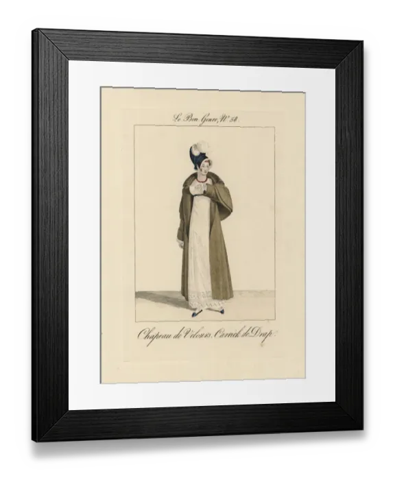 Framed Print : Woman in velvet bonnet and long carrick coat with pelerines Framed Print : Woman in velvet bonnet and long carrick coat with pelerines