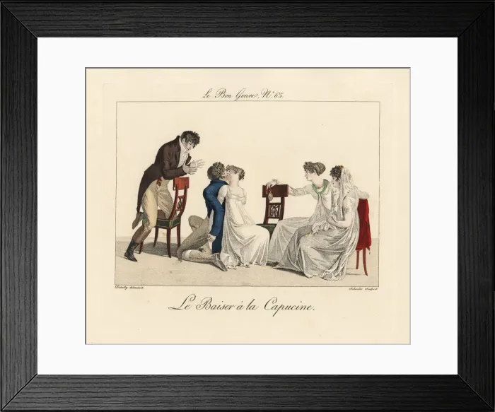 Framed Print : Fashionable people playing the Capucine kissing game Framed Print : Fashionable people playing the Capucine kissing game