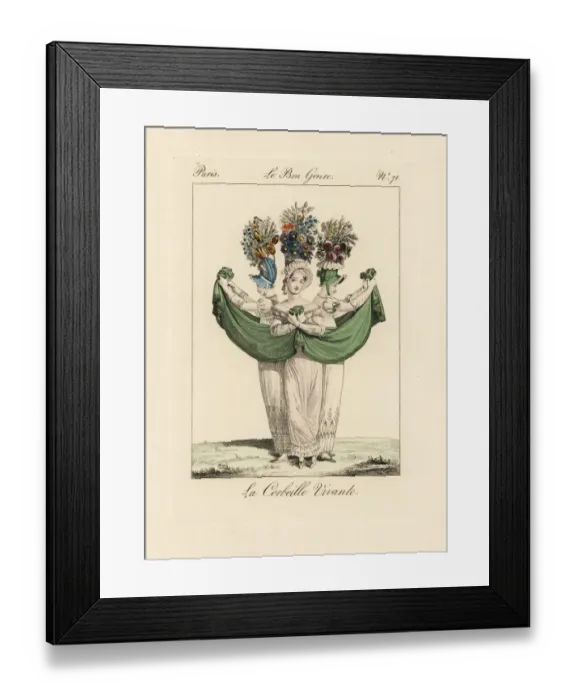Framed Print : Three fashionable women in bonnets with tall floral displays Framed Print : Three fashionable women in bonnets with tall floral displays