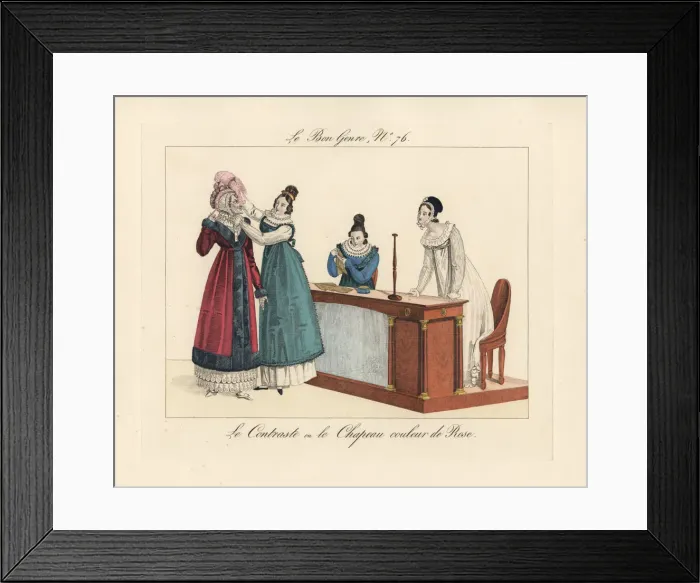 Framed Print : Old woman trying on a pink bonnet in a shop, circa 1815