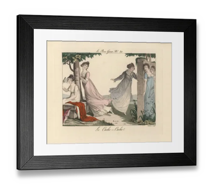 Framed Print : Fashionable women in decollete dresses playing hide and seek Framed Print : Fashionable women in decollete dresses playing hide and seek