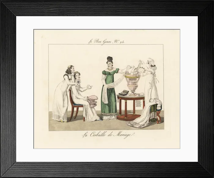 Framed Print : Bride examining the contents of her marriage basket Framed Print : Bride examining the contents of her marriage basket