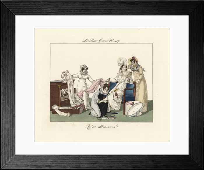 Framed Print : Woman in a shop choosing a new dress, early 19th century Framed Print : Woman in a shop choosing a new dress, early 19th century