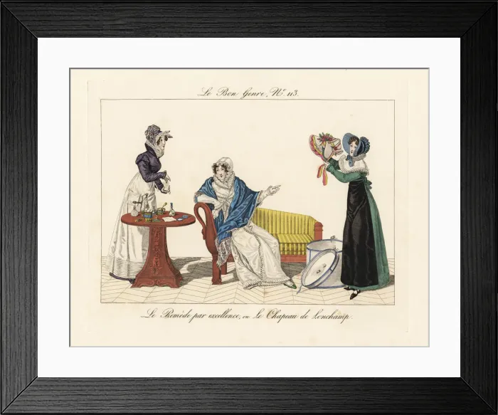 Framed Print : Woman on a chaise longue looking at a new hat Framed Print : Woman on a chaise longue looking at a new hat
