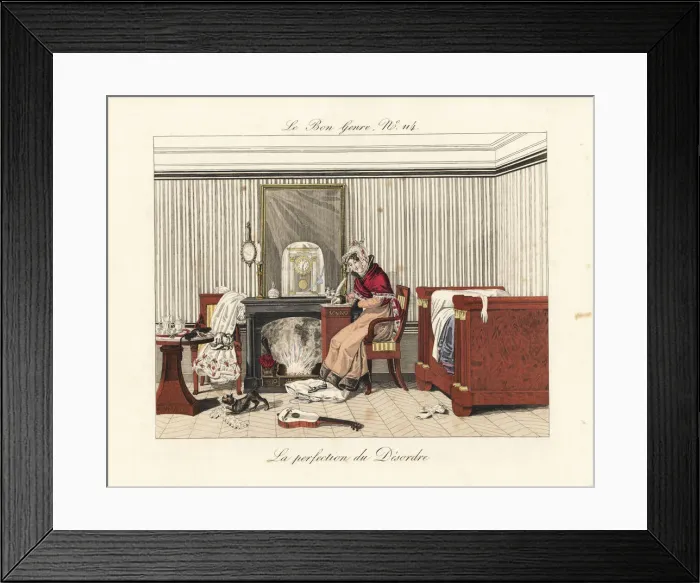 Framed Print : A woman writes a letter on a somno in a messy Framed Print : A woman writes a letter on a somno in a messy
