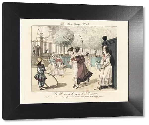 Girls skipping in a park, early 19th century