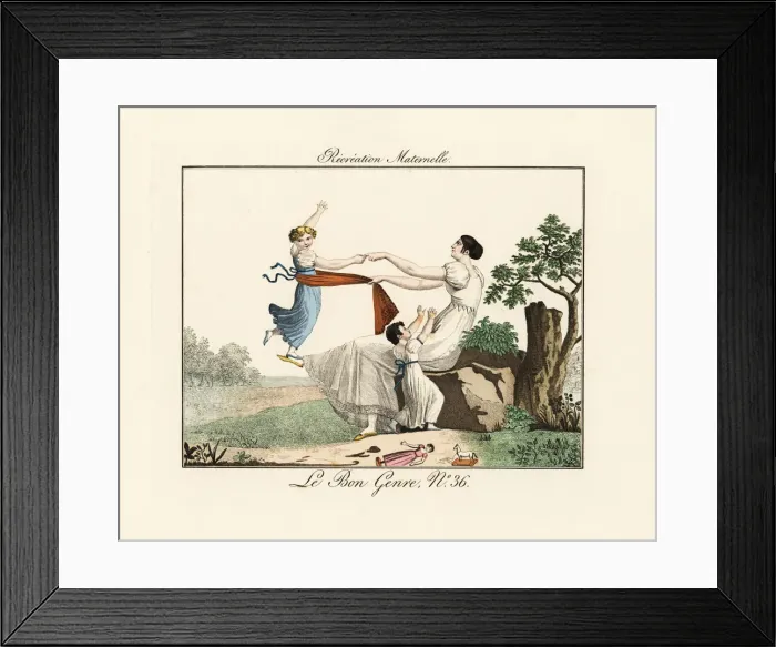 Framed Print : Mother playing with daughters in a garden Framed Print : Mother playing with daughters in a garden